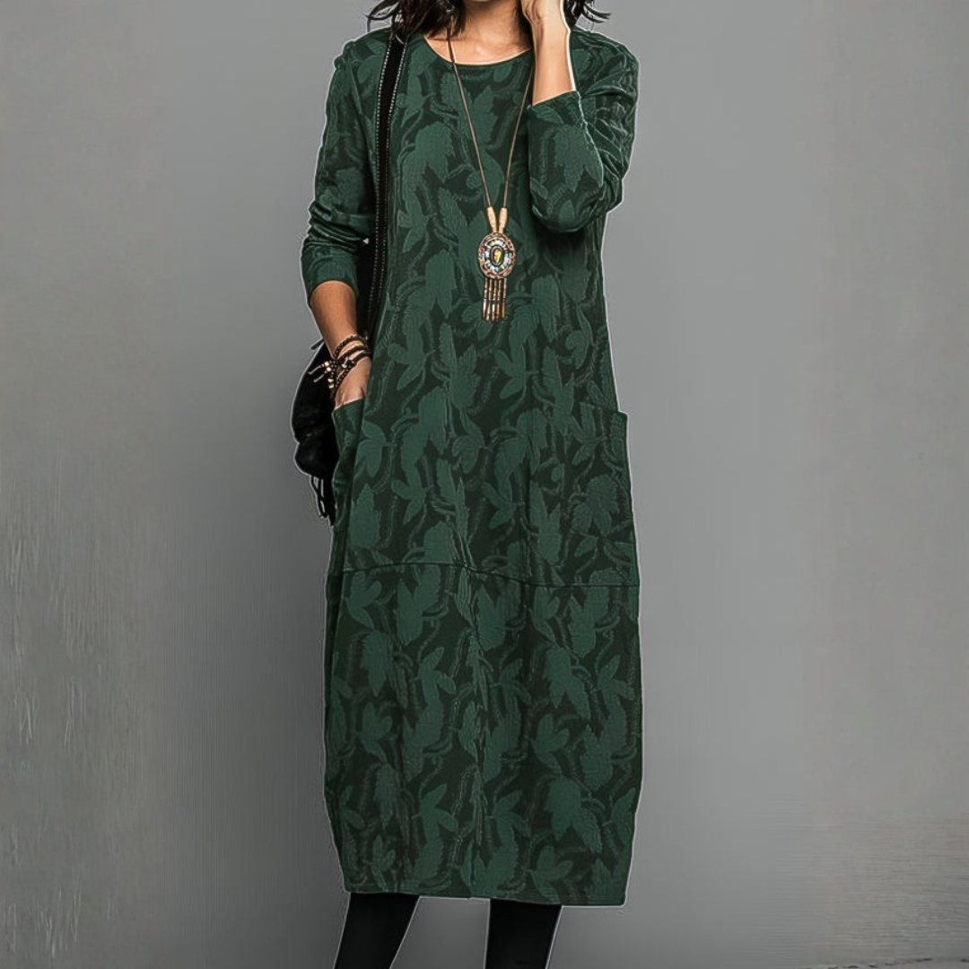 Alma | Cosy Leaf-Print Winter Dress