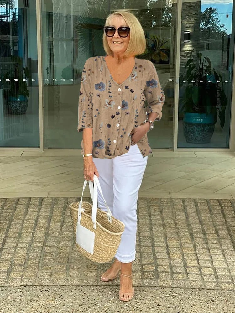 Floral three-quarter sleeve blouse, front view