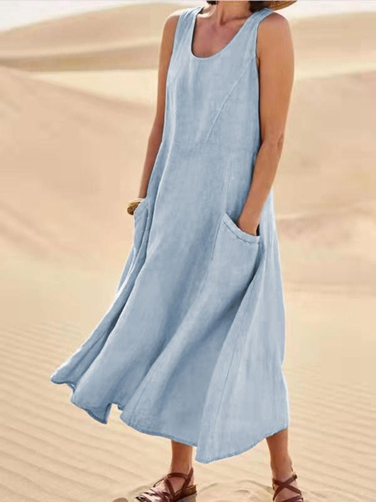 A-Line Midi Dress with Round Neck