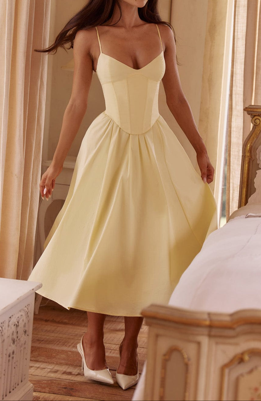 A-Line Corset Ruched Midi Wedding Guest Dress with Sweetheart Neckline and Spaghetti Straps