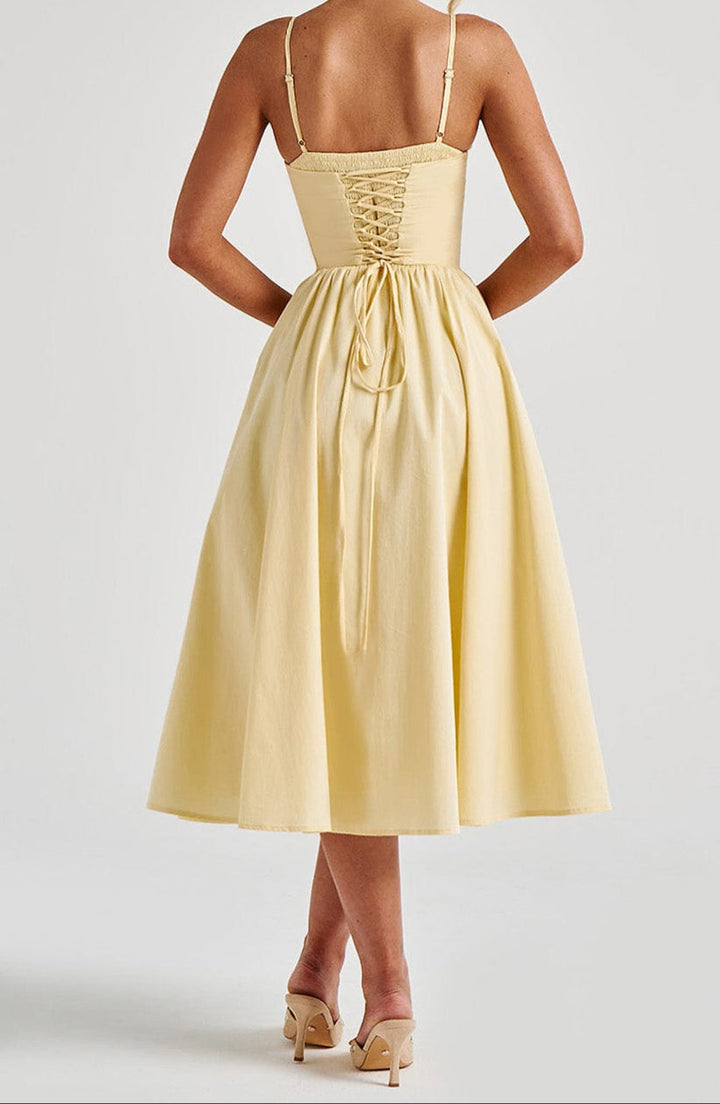 A-Line Corset Ruched Midi Wedding Guest Dress with Sweetheart Neckline and Spaghetti Straps
