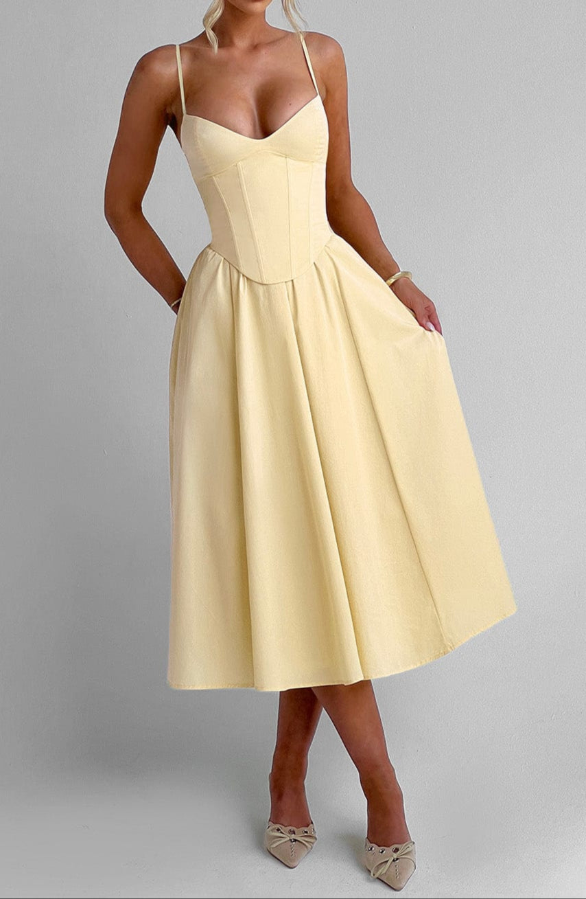 A-Line Corset Ruched Midi Wedding Guest Dress with Sweetheart Neckline and Spaghetti Straps