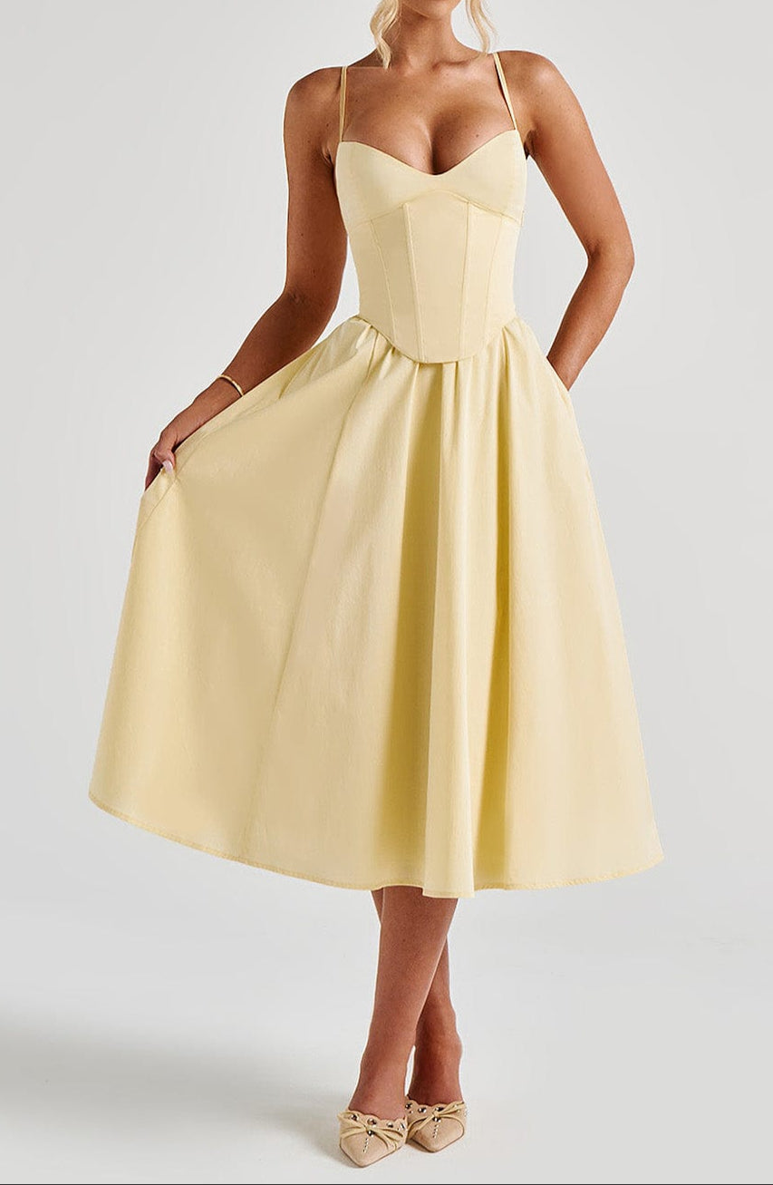 A-Line Corset Ruched Midi Wedding Guest Dress with Sweetheart Neckline and Spaghetti Straps