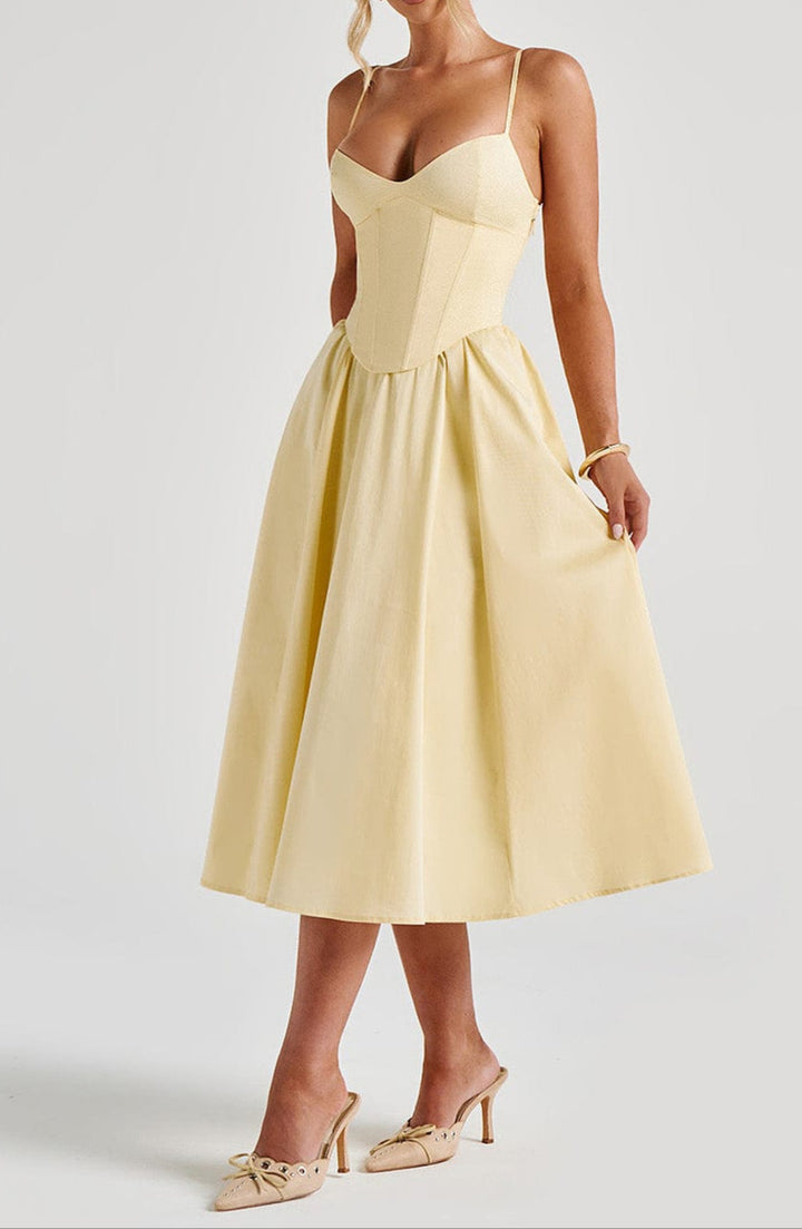 A-Line Corset Ruched Midi Wedding Guest Dress with Sweetheart Neckline and Spaghetti Straps