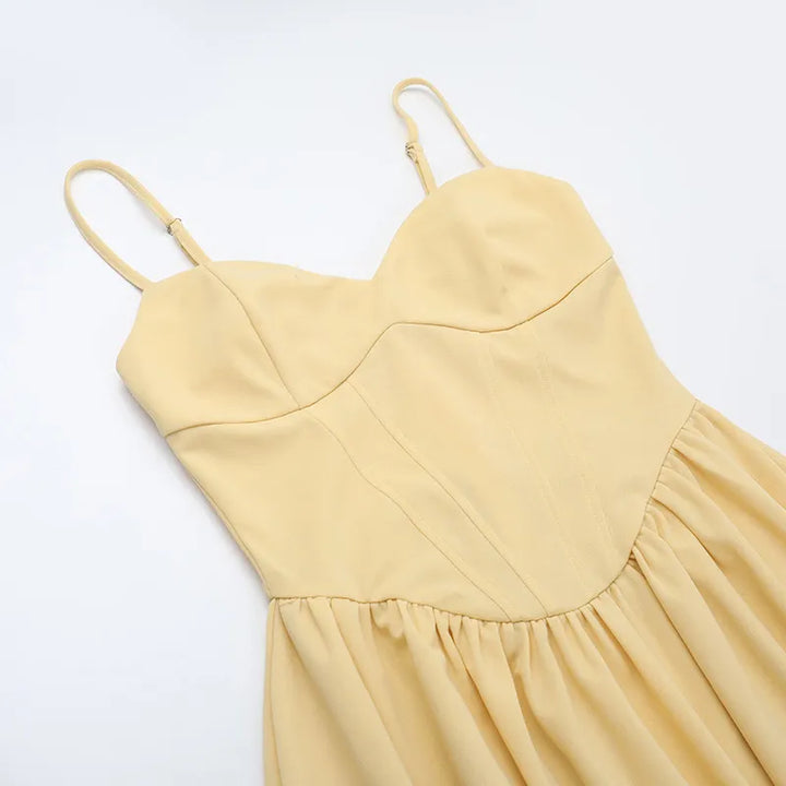 A-Line Corset Ruched Midi Wedding Guest Dress with Sweetheart Neckline and Spaghetti Straps