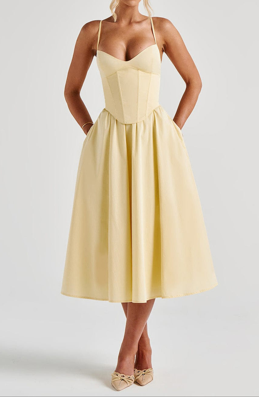 A-Line Corset Ruched Midi Wedding Guest Dress with Sweetheart Neckline and Spaghetti Straps