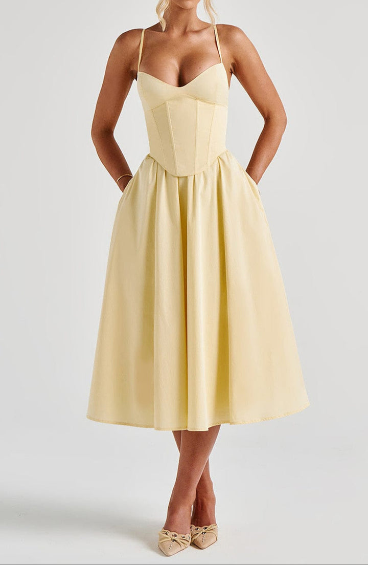 A-Line Corset Ruched Midi Wedding Guest Dress with Sweetheart Neckline and Spaghetti Straps