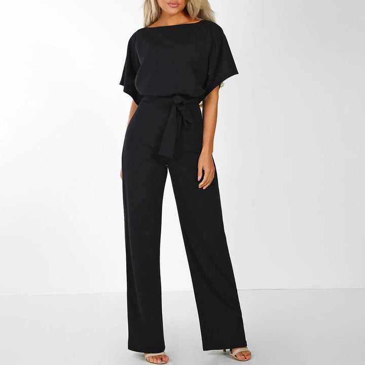 Belted Jumpsuit with Boat Neck and Short Sleeves