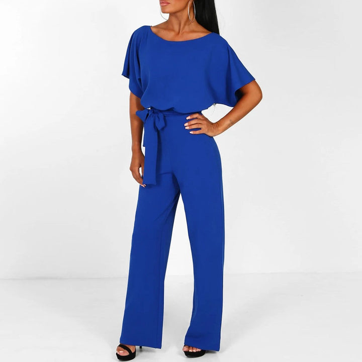Belted Jumpsuit with Boat Neck and Short Sleeves