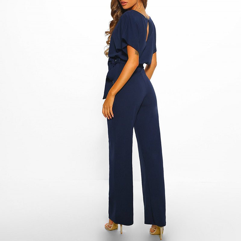 Belted Jumpsuit with Boat Neck and Short Sleeves