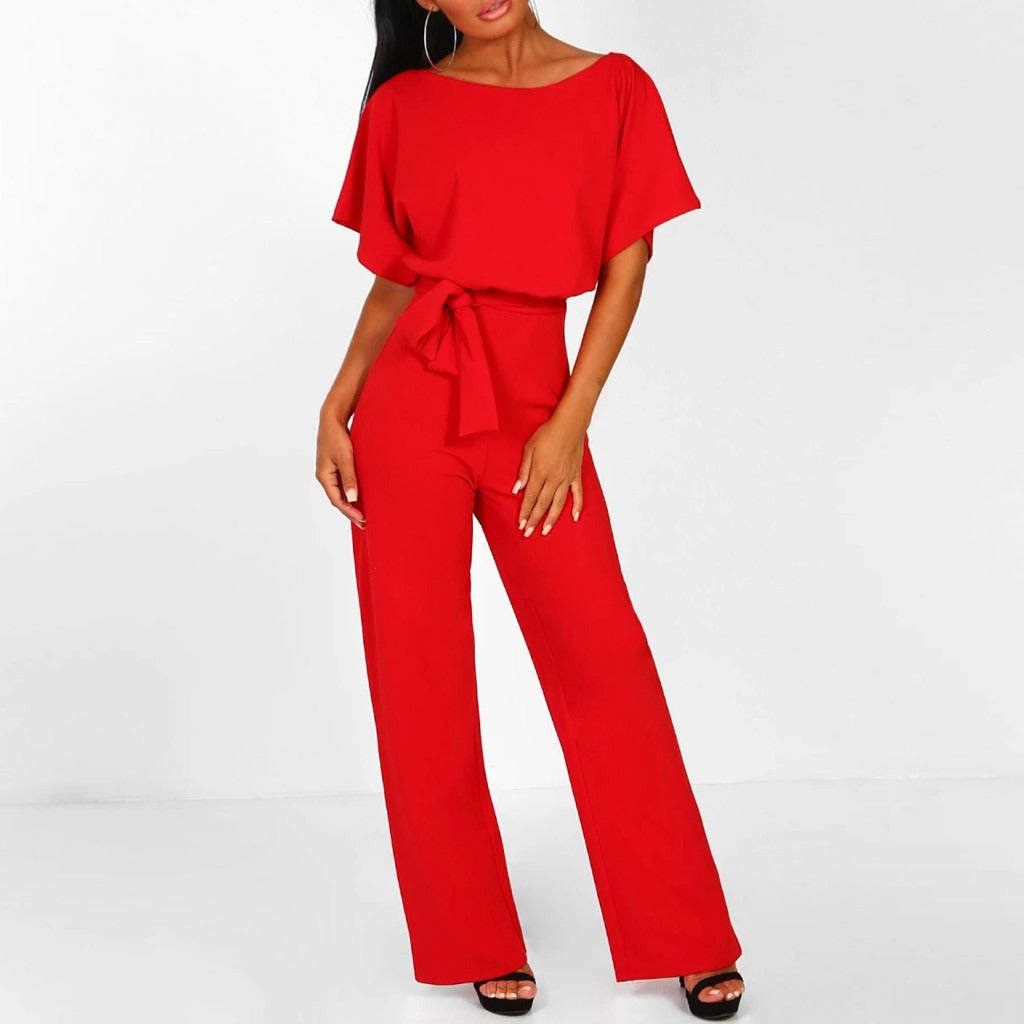 Belted Jumpsuit with Boat Neck and Short Sleeves