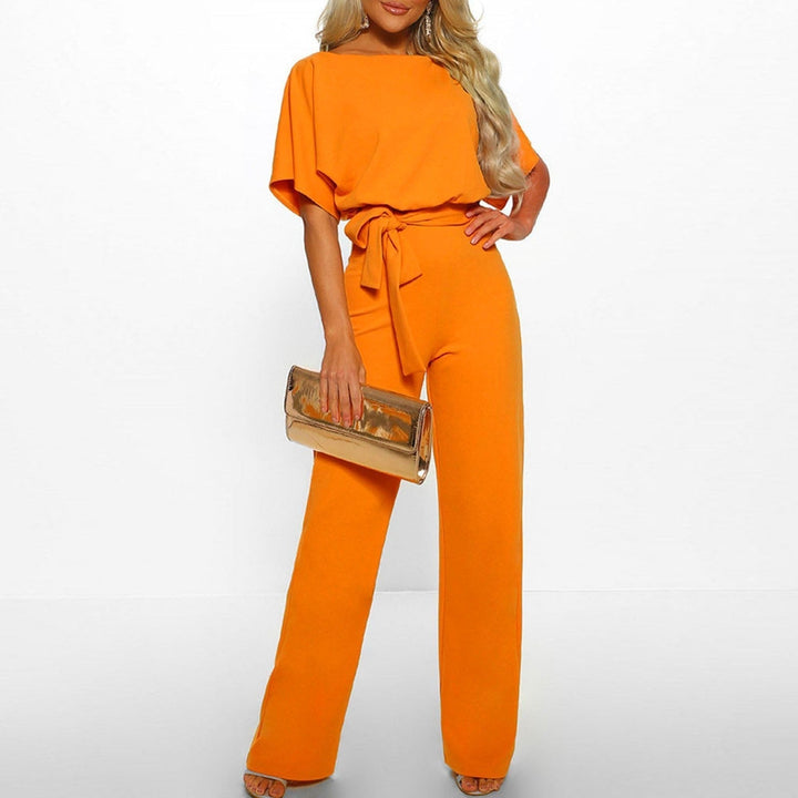 Belted Jumpsuit with Boat Neck and Short Sleeves