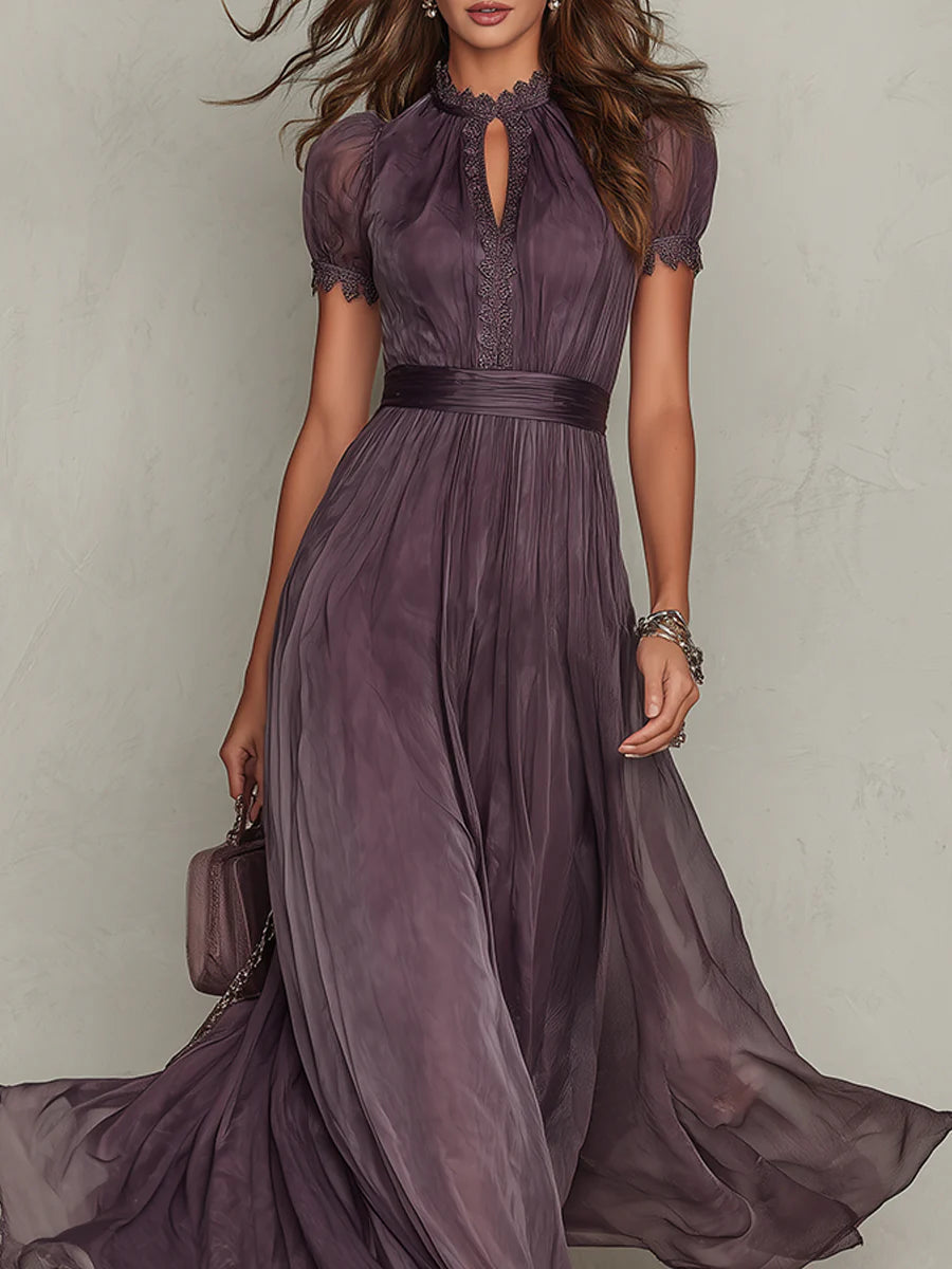 Belted Maxi Wedding Guest Dress with High Neckline and Short Sleeves
