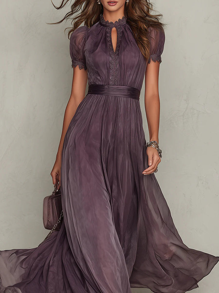 Belted Maxi Wedding Guest Dress with High Neckline and Short Sleeves