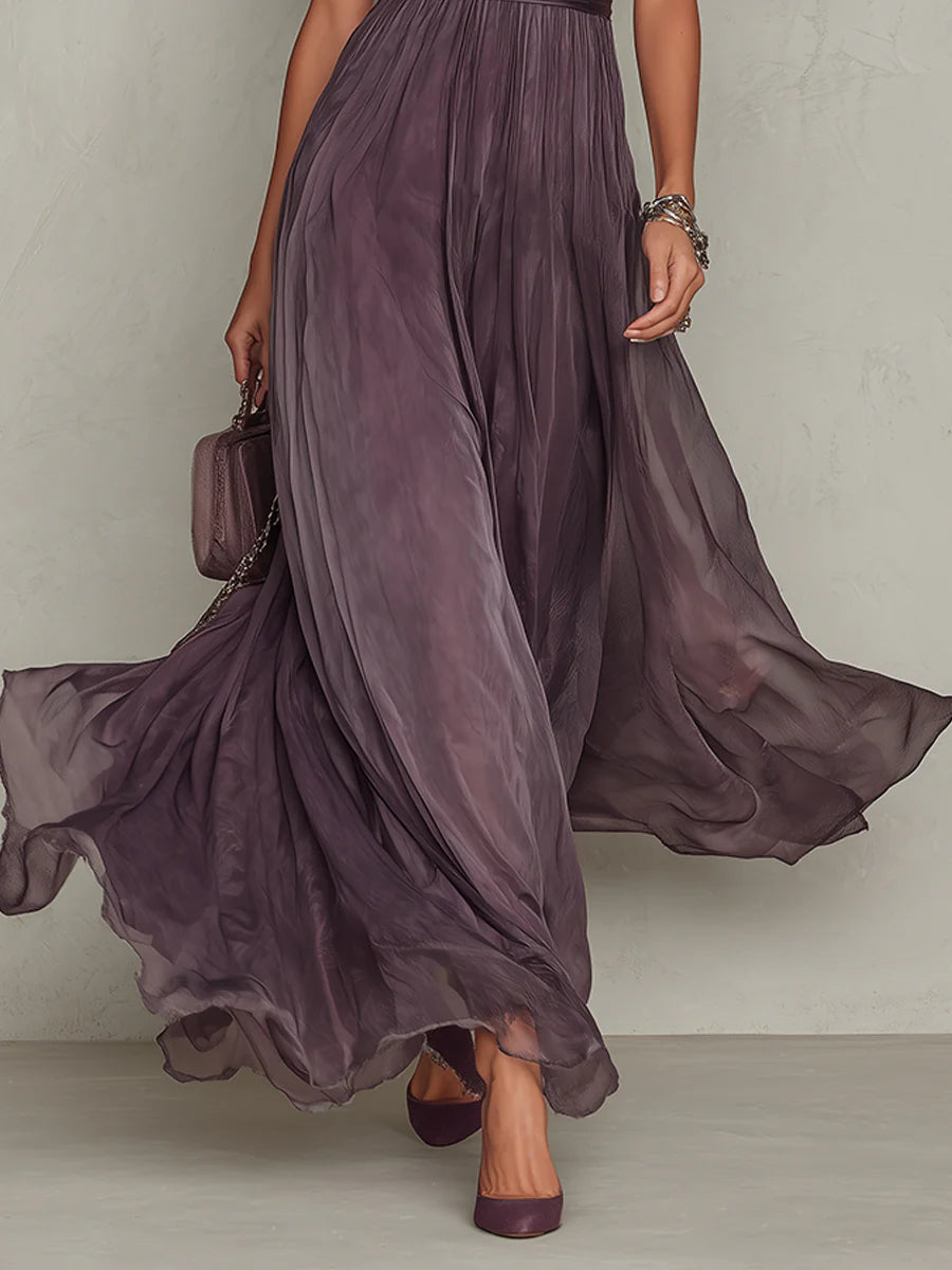 Belted Maxi Wedding Guest Dress with High Neckline and Short Sleeves