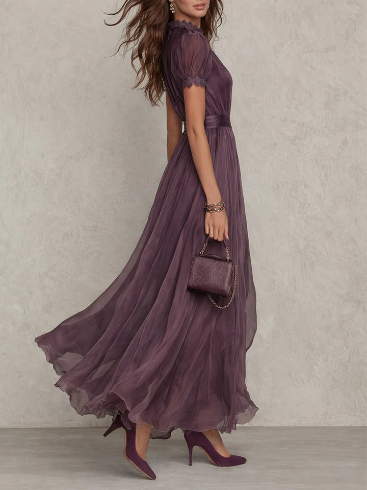 Belted Maxi Wedding Guest Dress with High Neckline and Short Sleeves