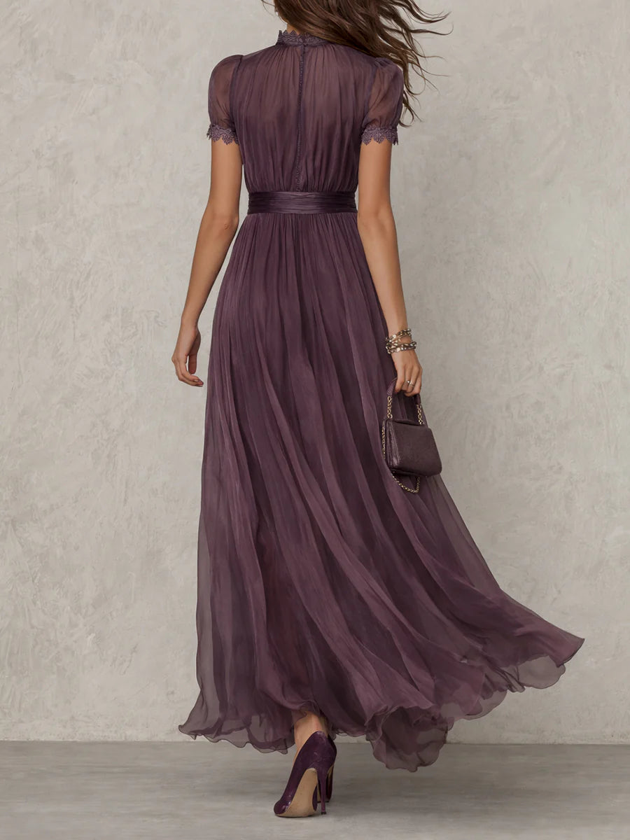 Belted Maxi Wedding Guest Dress with High Neckline and Short Sleeves