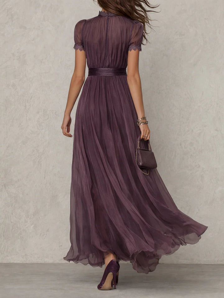 Belted Maxi Wedding Guest Dress with High Neckline and Short Sleeves