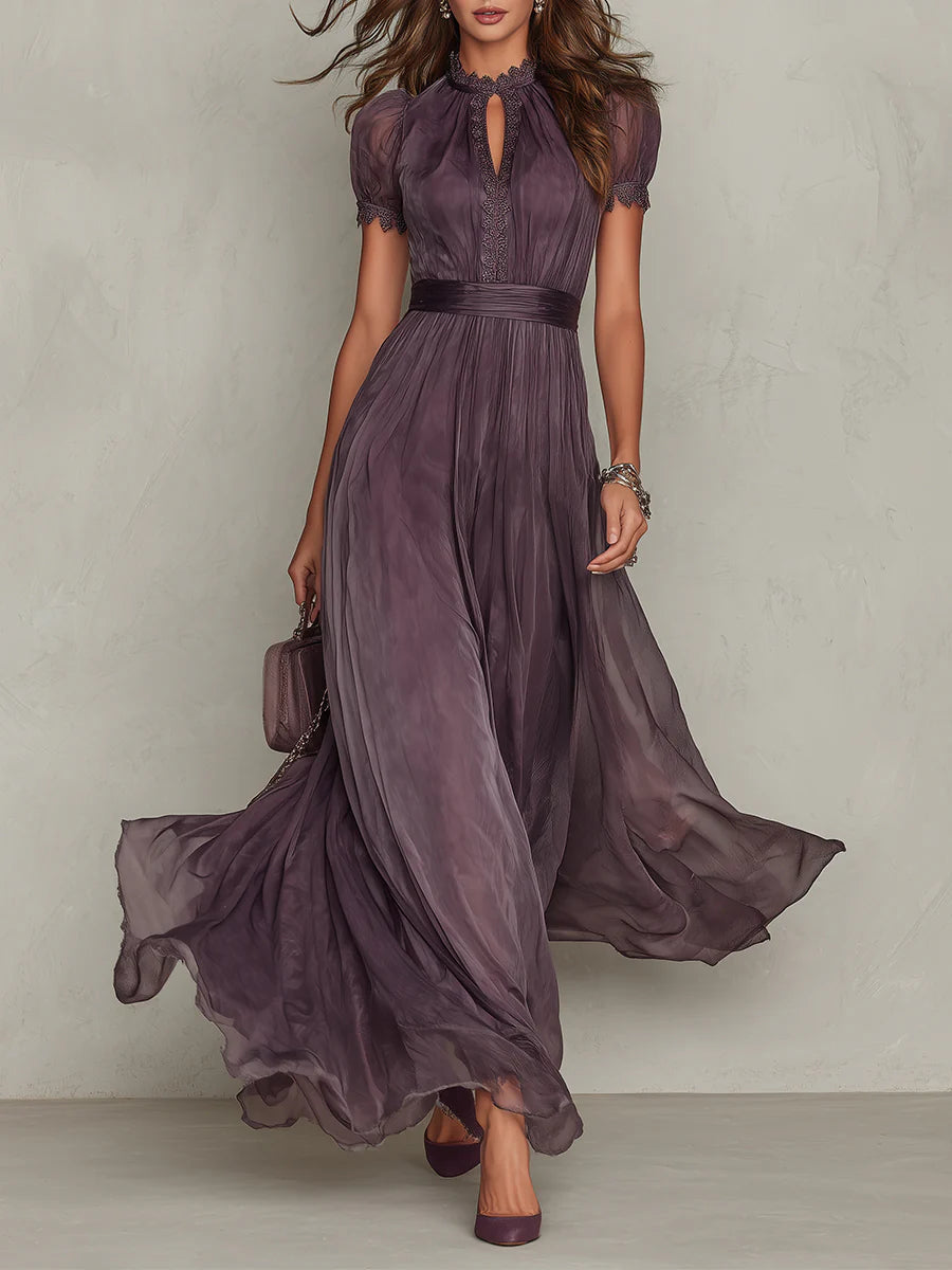 Belted Maxi Wedding Guest Dress with High Neckline and Short Sleeves