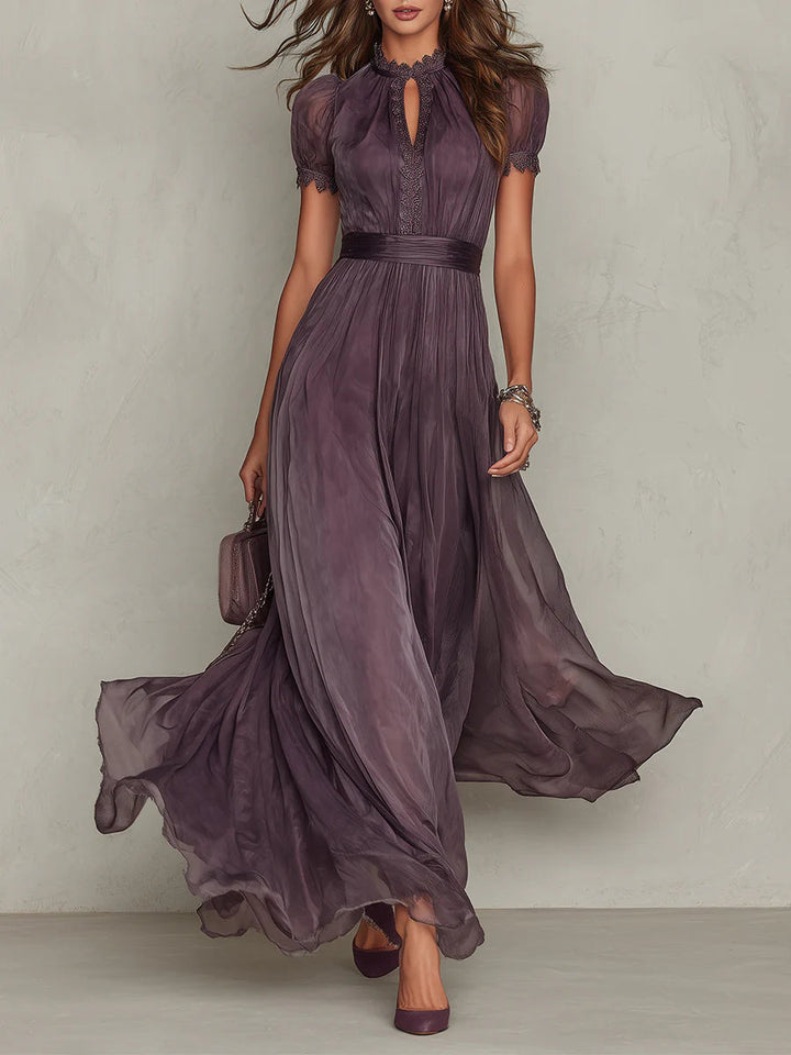 Belted Maxi Wedding Guest Dress with High Neckline and Short Sleeves