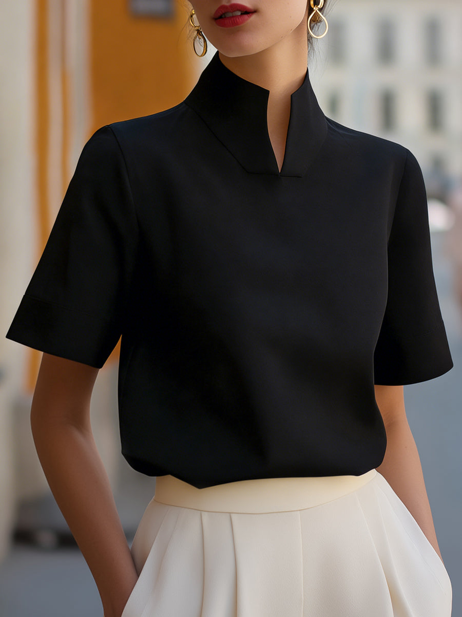 Blouse with High Neckline and Short Sleeves