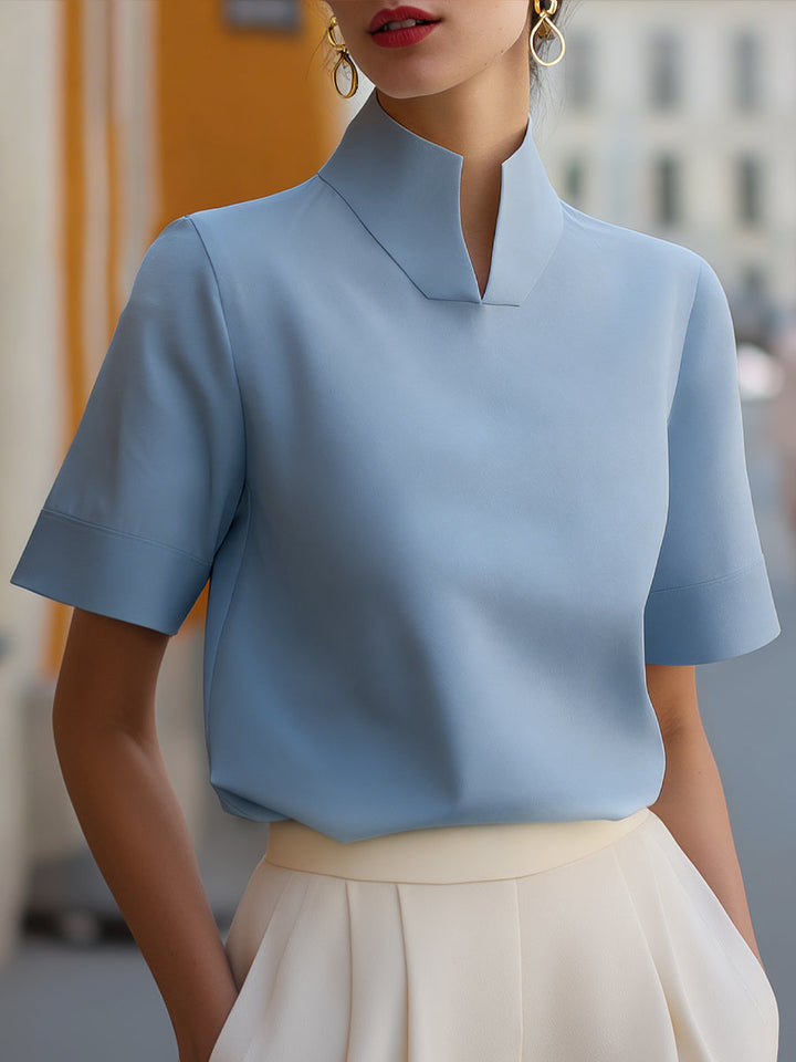 Blouse with High Neckline and Short Sleeves