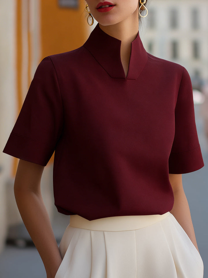 Blouse with High Neckline and Short Sleeves