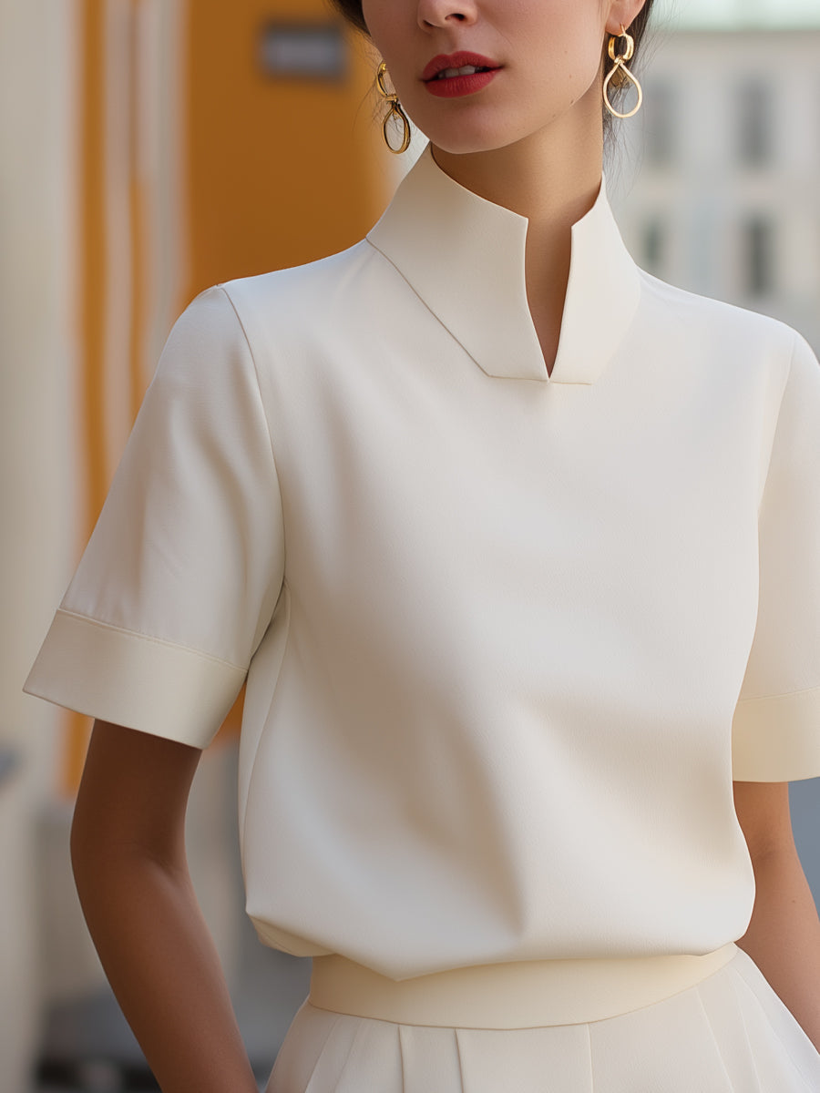 Blouse with High Neckline and Short Sleeves