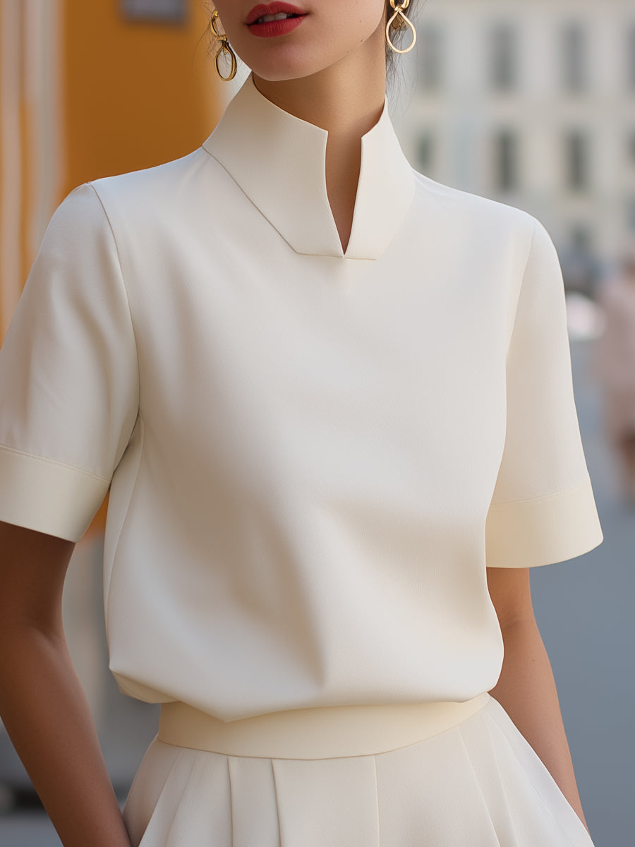 Blouse with High Neckline and Short Sleeves