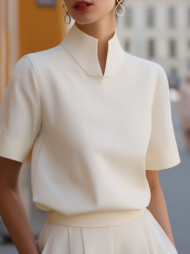 Blouse with High Neckline and Short Sleeves