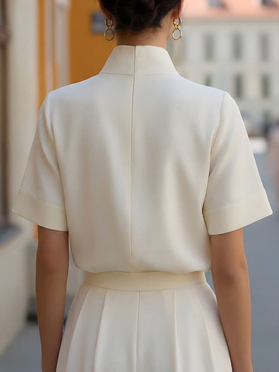 Blouse with High Neckline and Short Sleeves