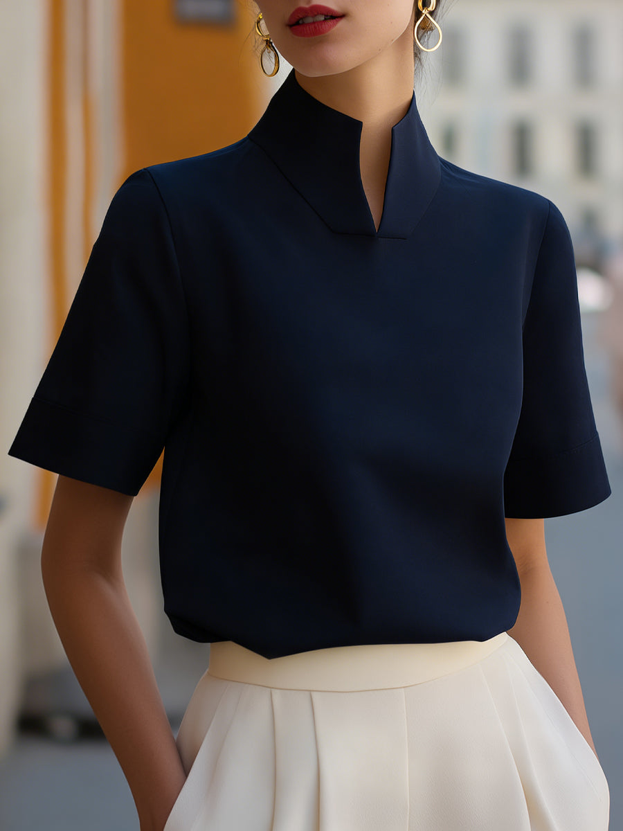 Blouse with High Neckline and Short Sleeves