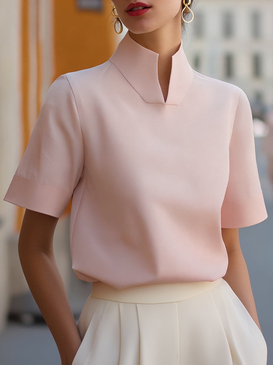 Blouse with High Neckline and Short Sleeves