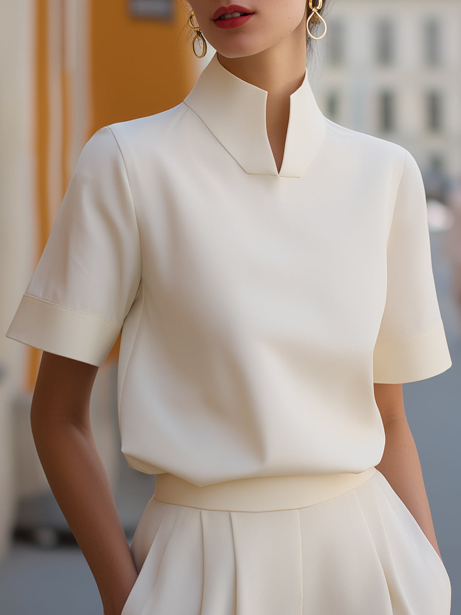 Blouse with High Neckline and Short Sleeves
