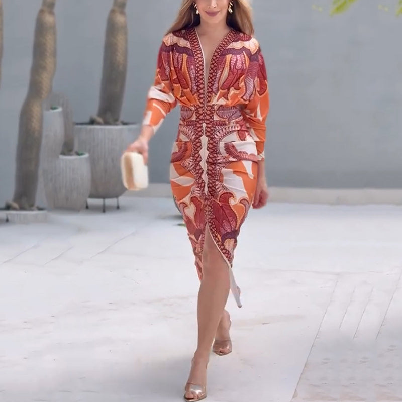 Boho Midi Dress with V-Neck and Long Sleeves