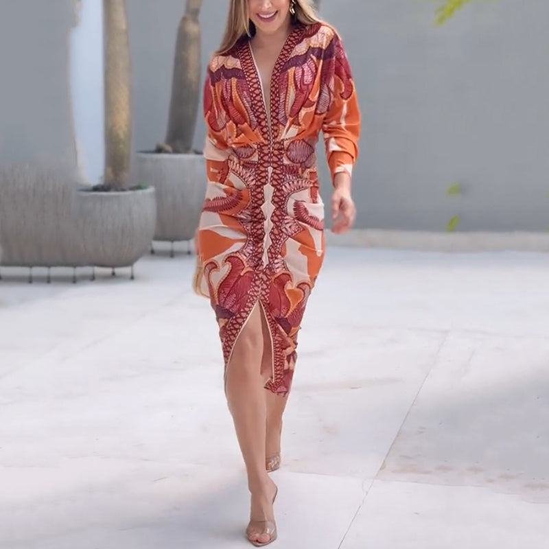 Boho Midi Dress with V-Neck and Long Sleeves