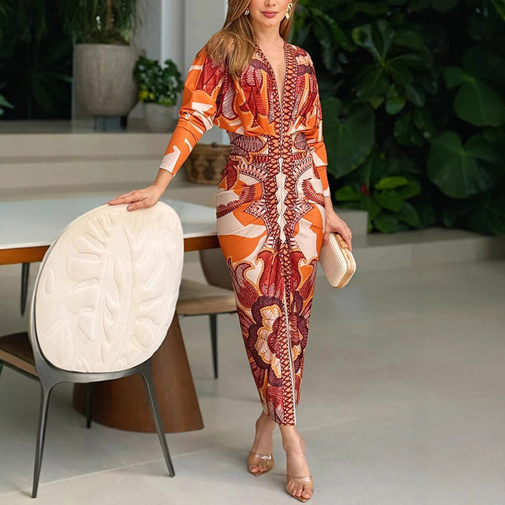 Boho Midi Dress with V-Neck and Long Sleeves
