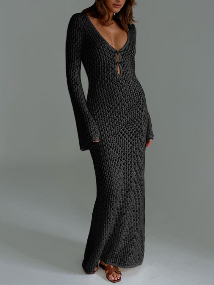 Boho Slit Maxi Dress with V-Neck and Short Sleeves