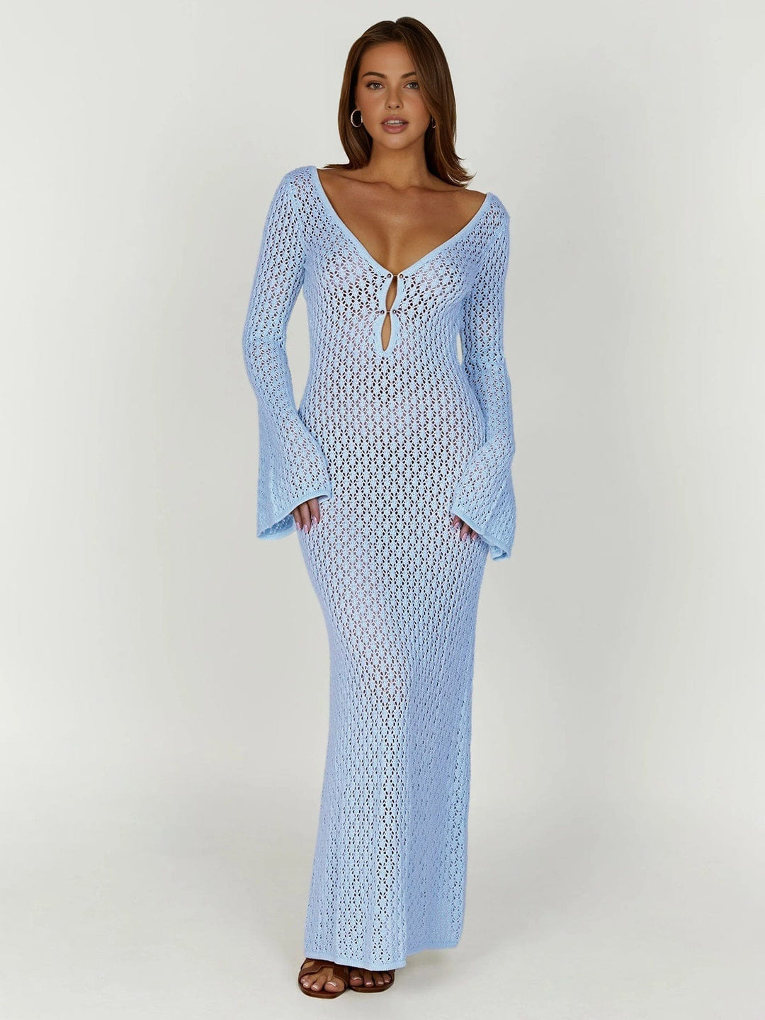 Boho Slit Maxi Dress with V-Neck and Short Sleeves