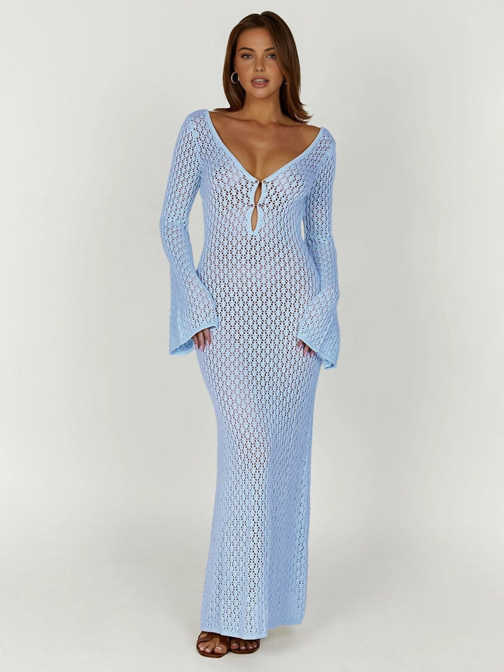 Boho Slit Maxi Dress with V-Neck and Short Sleeves