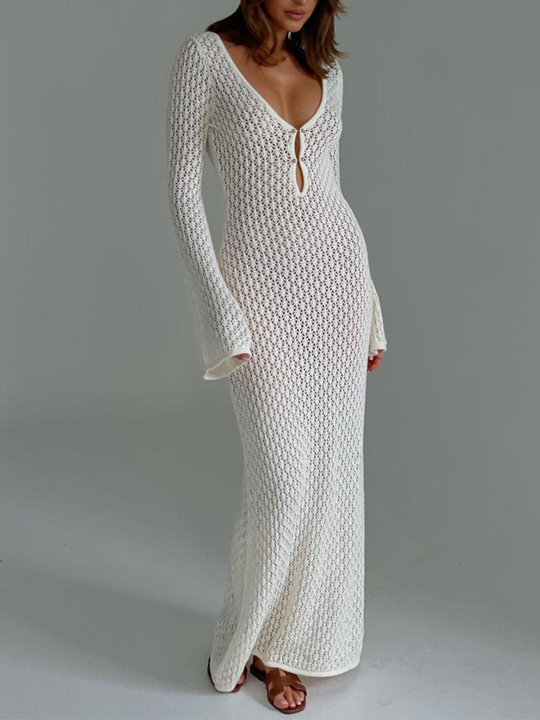 Boho Slit Maxi Dress with V-Neck and Short Sleeves