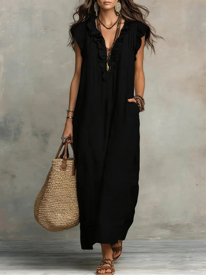 Boho Tiered Ruffle Maxi Dress with V-Neck