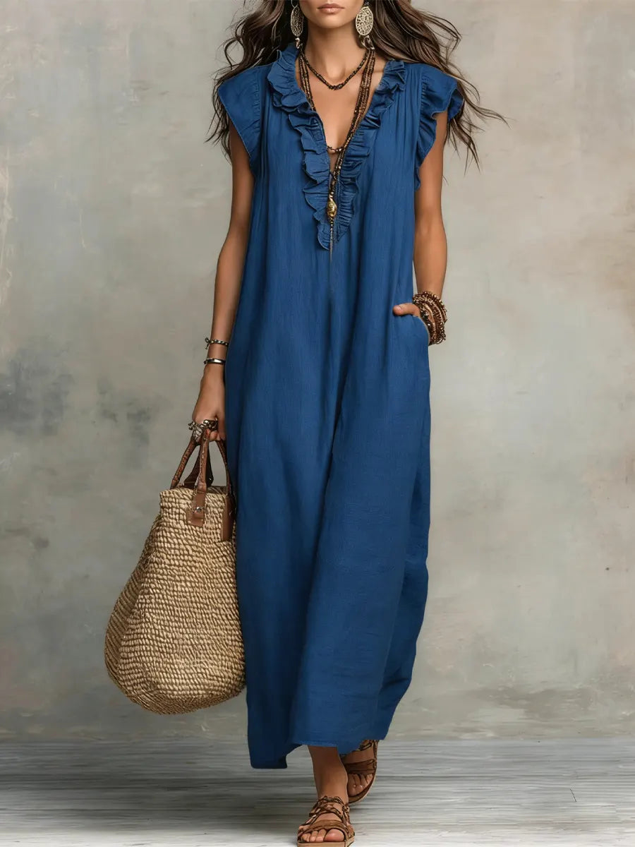 Boho Tiered Ruffle Maxi Dress with V-Neck