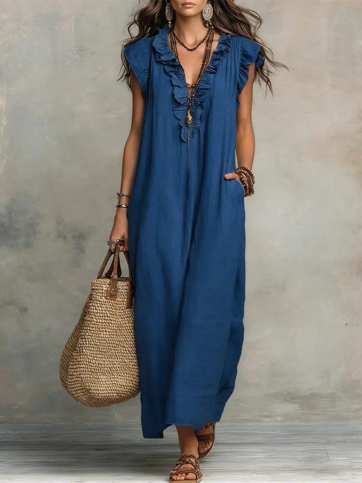 Boho Tiered Ruffle Maxi Dress with V-Neck