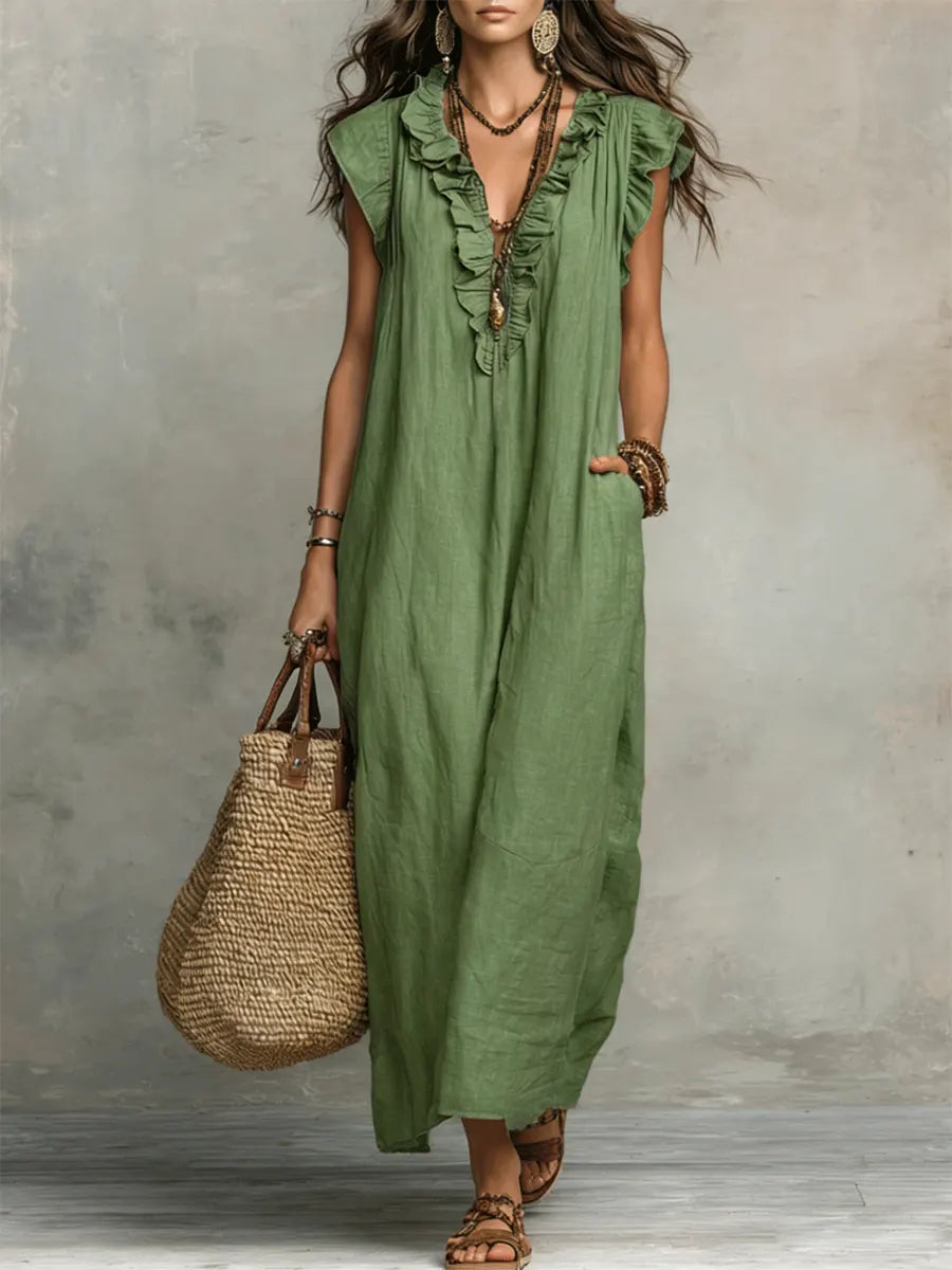 Boho Tiered Ruffle Maxi Dress with V-Neck