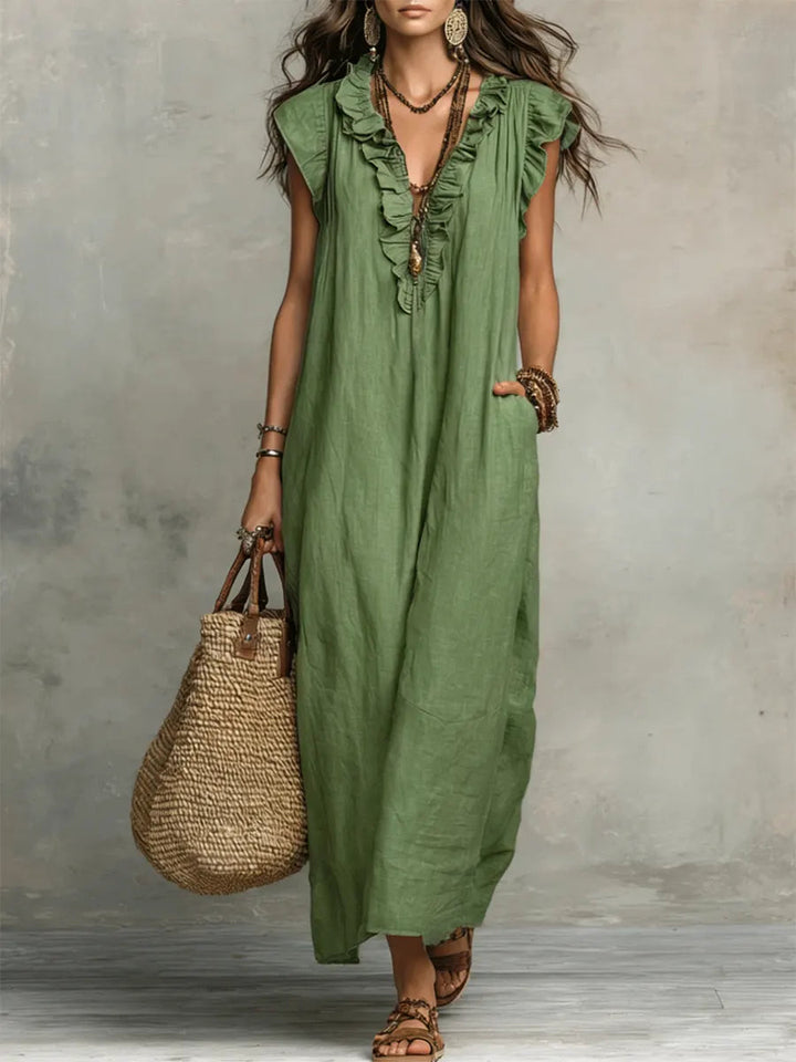 Boho Tiered Ruffle Maxi Dress with V-Neck