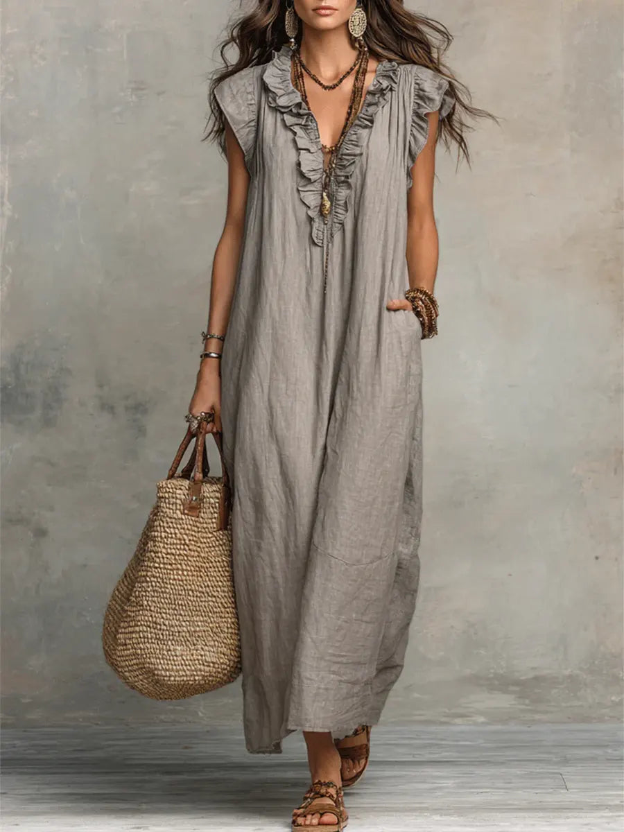 Boho Tiered Ruffle Maxi Dress with V-Neck