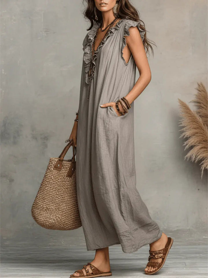 Boho Tiered Ruffle Maxi Dress with V-Neck