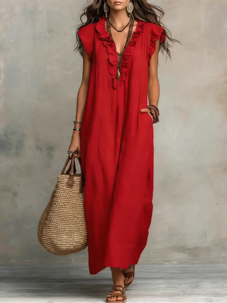 Boho Tiered Ruffle Maxi Dress with V-Neck