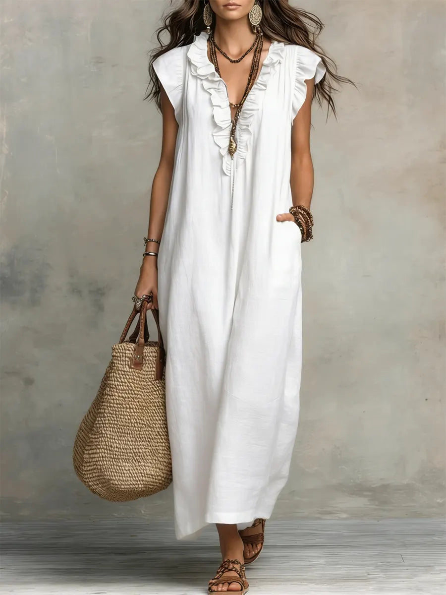 Boho Tiered Ruffle Maxi Dress with V-Neck